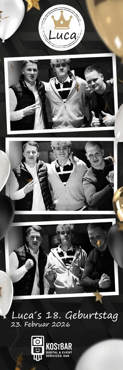 Fotostreifen mit drei Bildern von einem 18. Geburtstag, Schwarz-Weiß mit goldener Krone